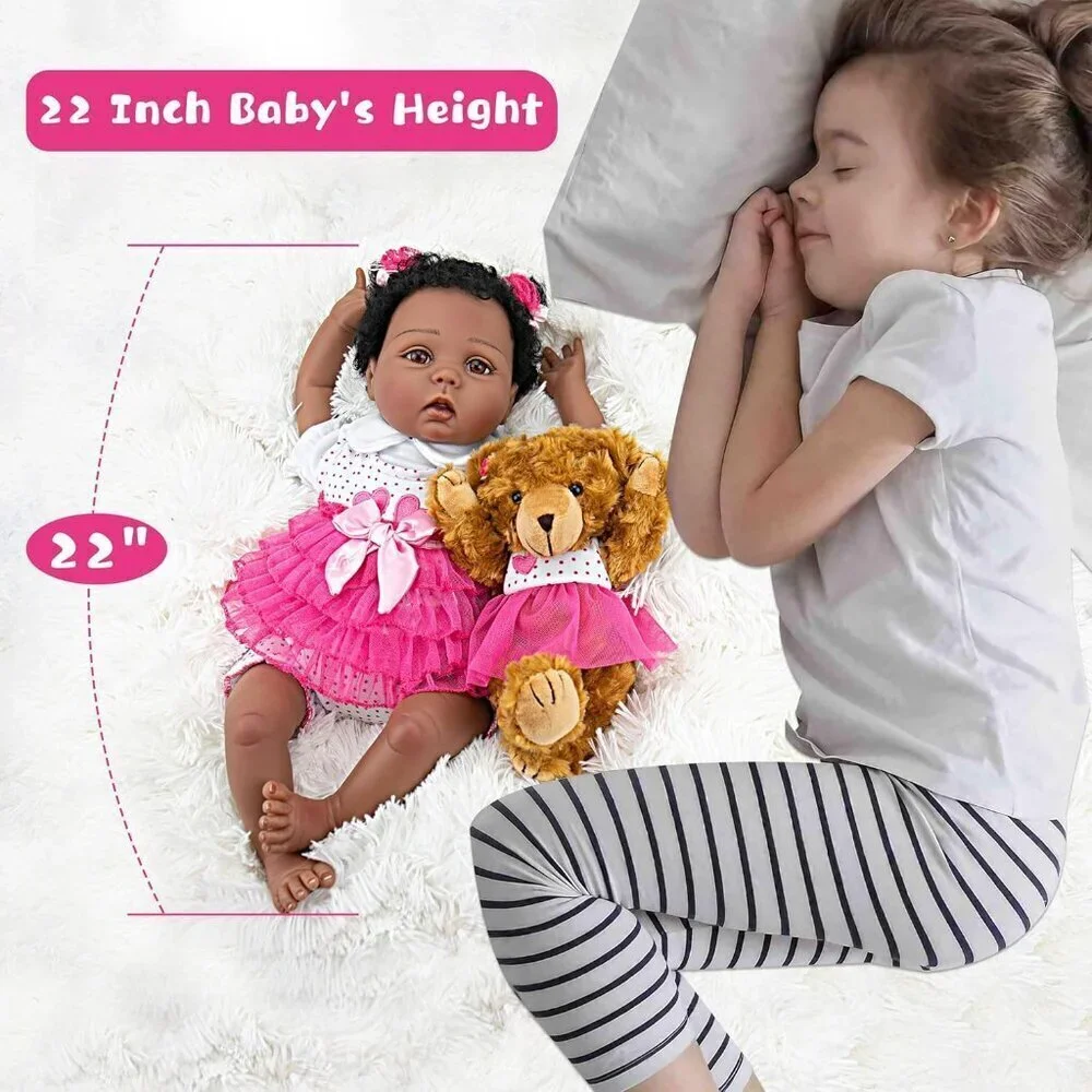 🆕22Inch Realistic Black African American Newborn Girl with a soft cloth Body